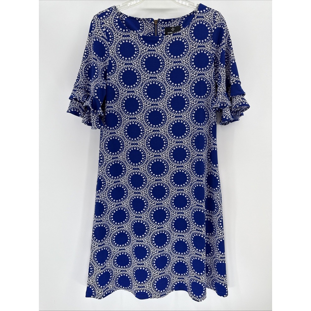 Ronni Nicole Medium Dress Blue Geometric Textured Ruffled Sleeves‎